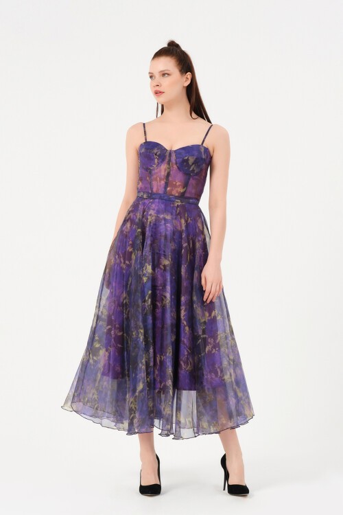 Askılı Desenli Midi Elbise - 1579