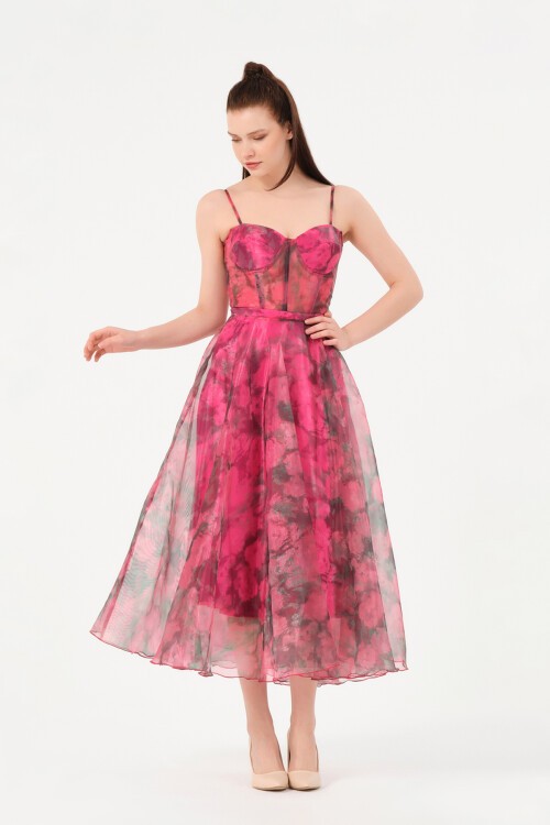 Askılı Desenli Midi Elbise - 1579