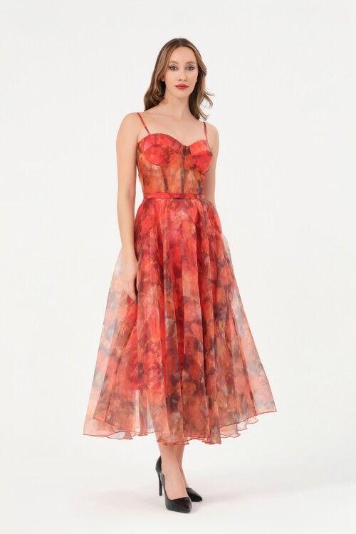 Askılı Desenli Midi Elbise - 1579