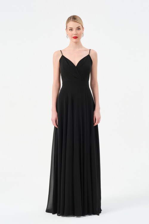 Askılı Drapeli Kruvaze Yaka Elbise - 1524