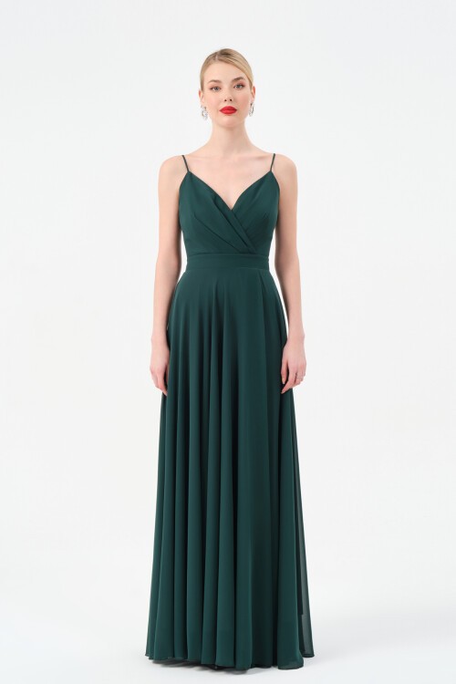 Askılı Drapeli Kruvaze Yaka Elbise - 1524