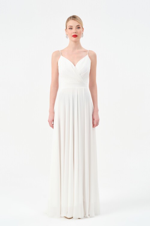 Askılı Drapeli Kruvaze Yaka Elbise - 1524