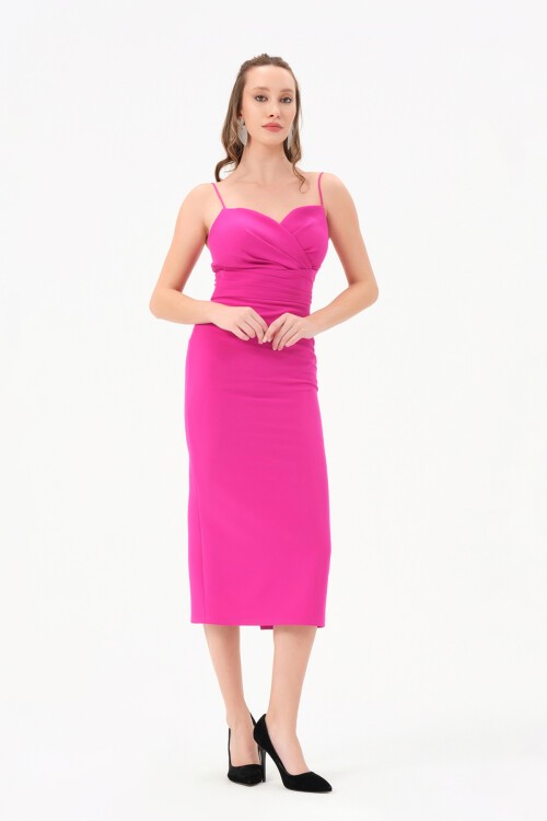 Askılı Drapeli Midi Elbise - 1572