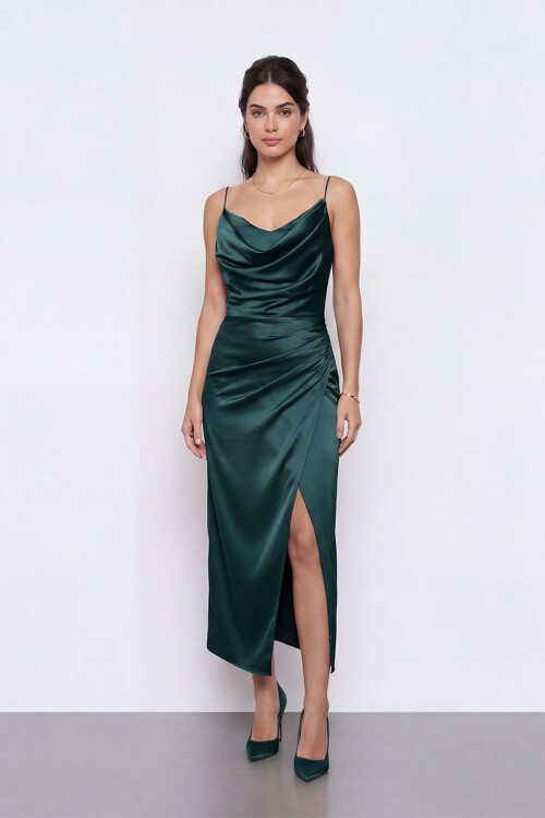 Askılı Drapeli Yırtmaçlı Elbise  - 1770