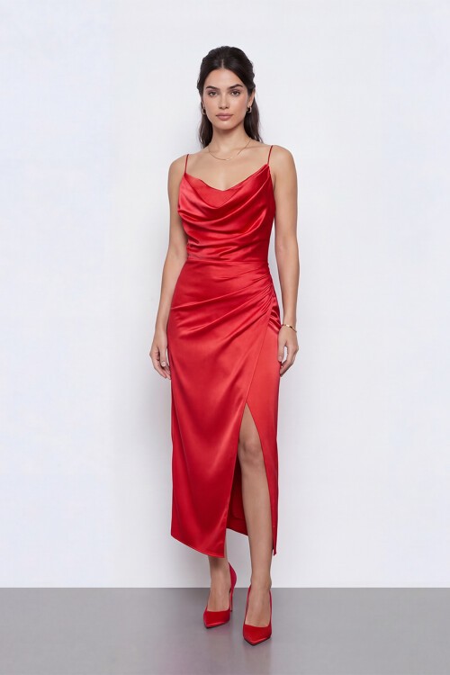 Askılı Drapeli Yırtmaçlı Elbise  - 1770