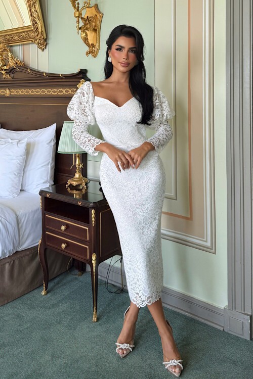 Balon Kol Detaylı Straplez Midi Elbise - 1594