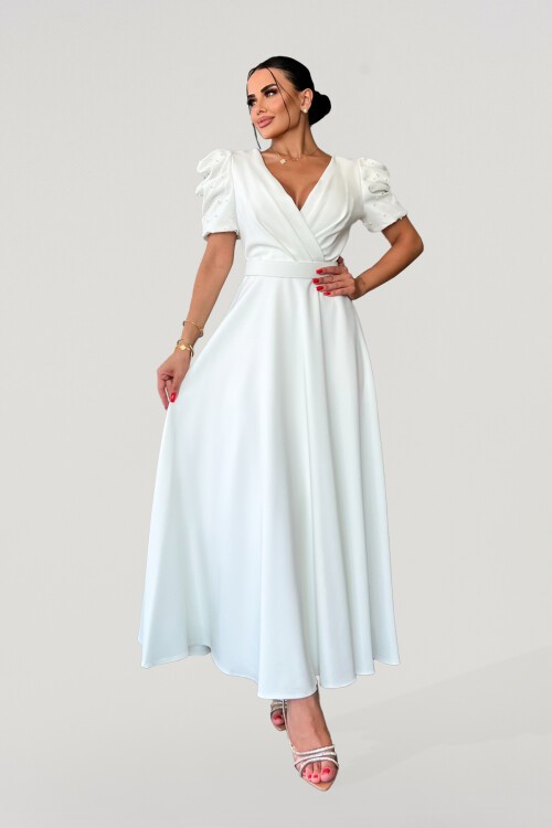 Balon Kol İnci Detaylı Midi Elbise - 1644