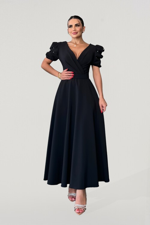 Balon Kol İnci Detaylı Midi Elbise - 1644