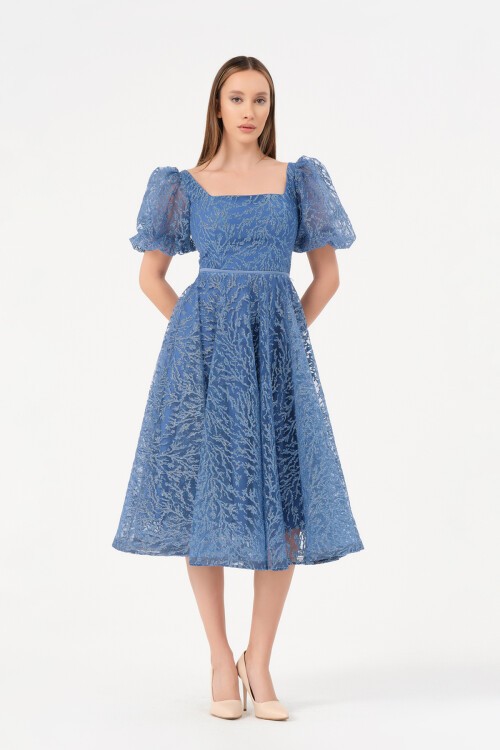 Balon Kollu Kare Yaka Midi Elbise - 1491