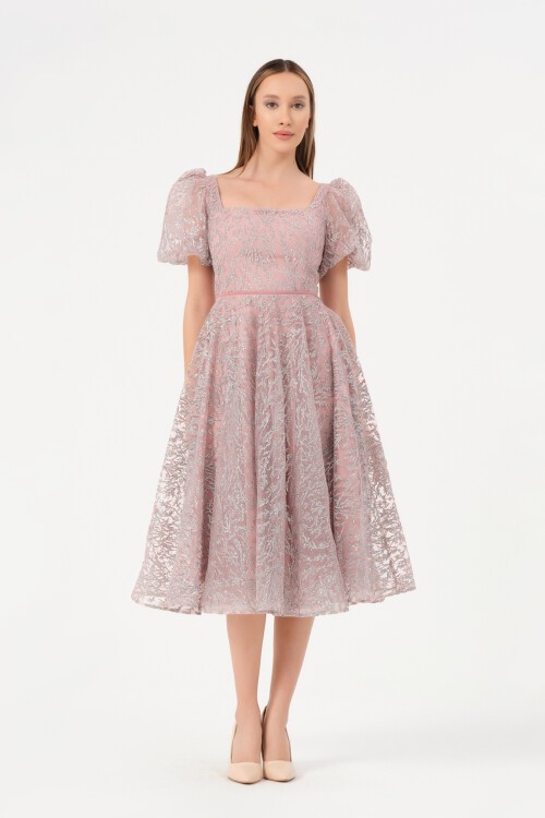 Balon Kollu Kare Yaka Midi Elbise - 1491