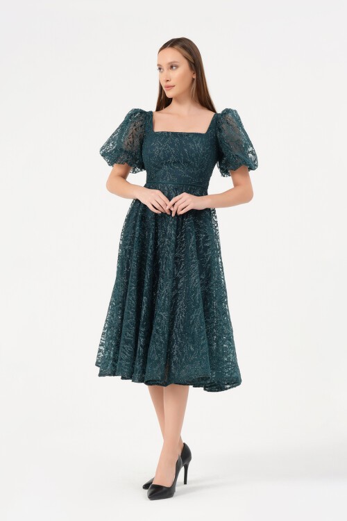 Balon Kollu Kare Yaka Midi Elbise - 1491