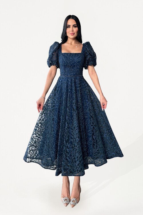 Balon Kollu Kare Yaka Midi Elbise - 1491