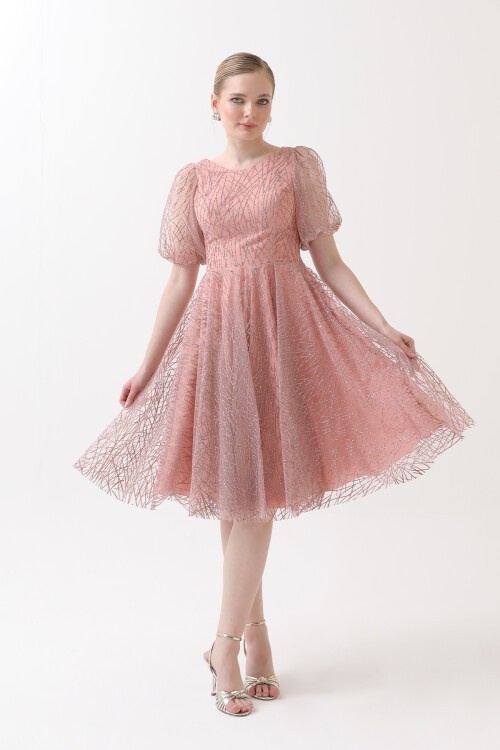 Balon Kollu Simli Midi Elbise - 1778