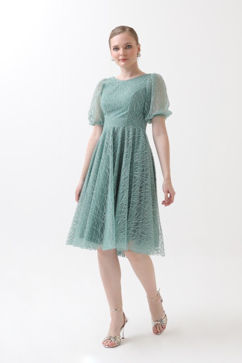 Balon Kollu Simli Midi Elbise - 1778