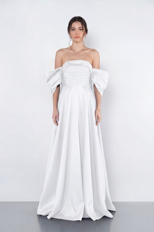 Balon Kollu Straplez Uzun Abiye - 2122