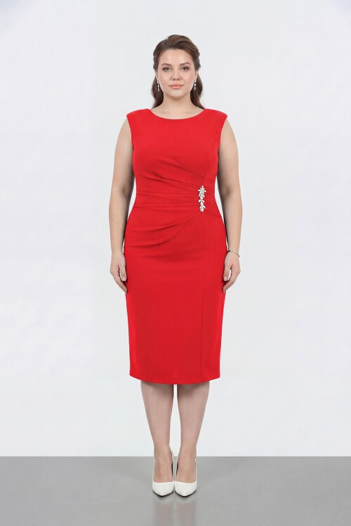 Broş Detaylı Midi Elbise - 1649