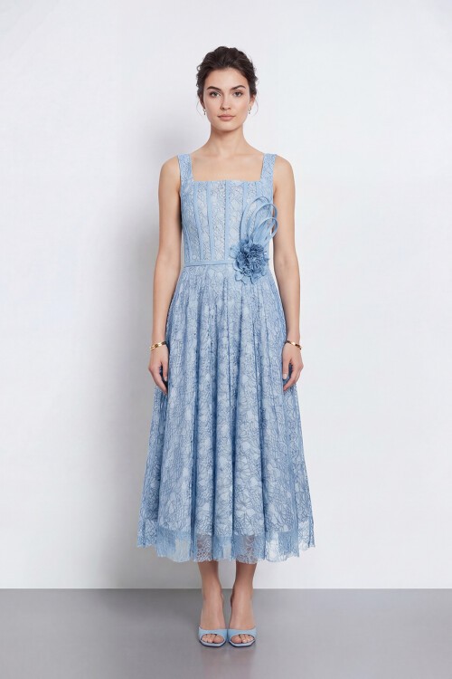 Çiçek Aksesuarlı Dantel Abiye - 2086