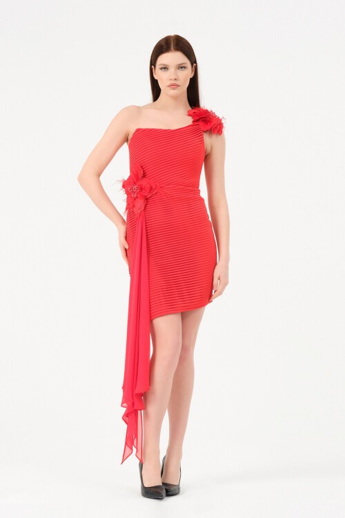 Çiçek Detaylı Pileli Mini Elbise - 1553