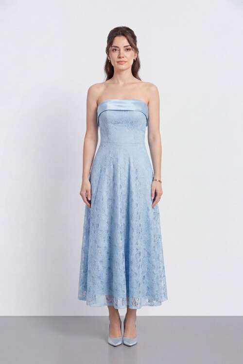 Dantel Dokulu Straplez Midi Abiye - 2115