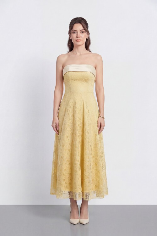 Dantel Dokulu Straplez Midi Abiye - 2115