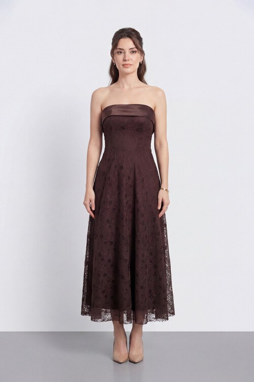 Dantel Dokulu Straplez Midi Abiye - 2115