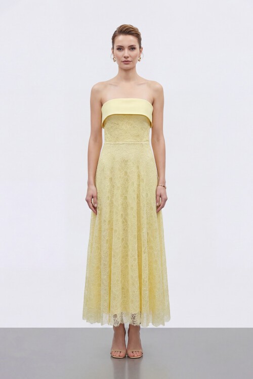 Dantel Dokulu Straplez Midi Abiye - 2115