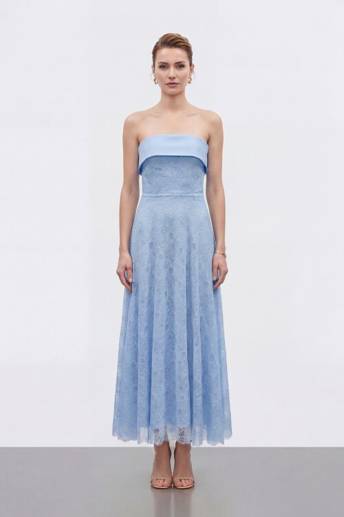 Dantel Dokulu Straplez Midi Abiye - 2115