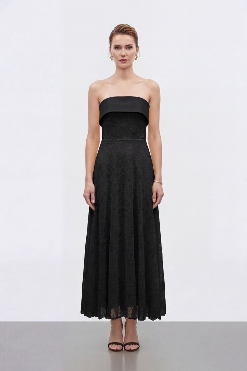 Dantel Dokulu Straplez Midi Abiye - 2115