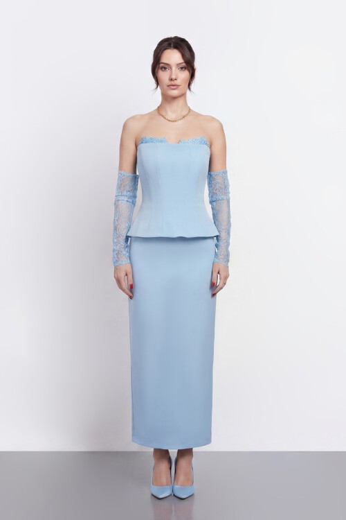 Dantel Eldiven Detaylı Straplez Korsaj Midi Abiye - 2116