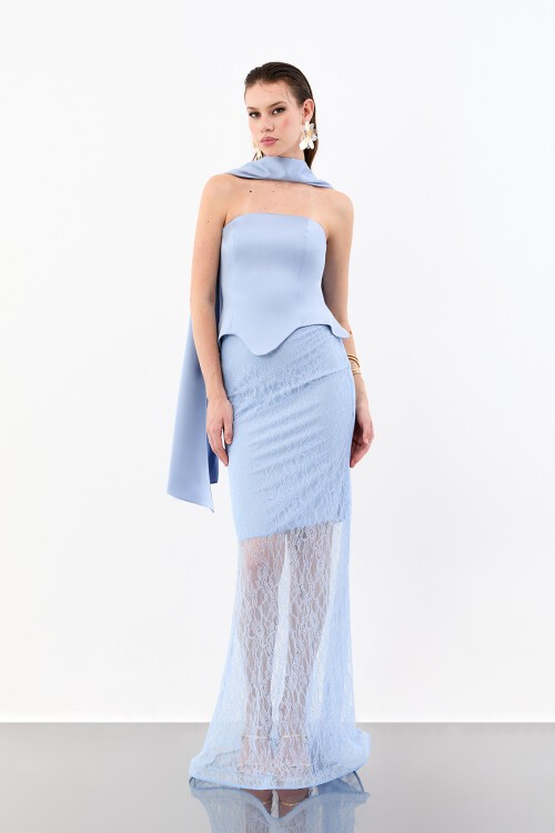 Dantel Etek Detaylı Straplez Uzun Abiye - 2032