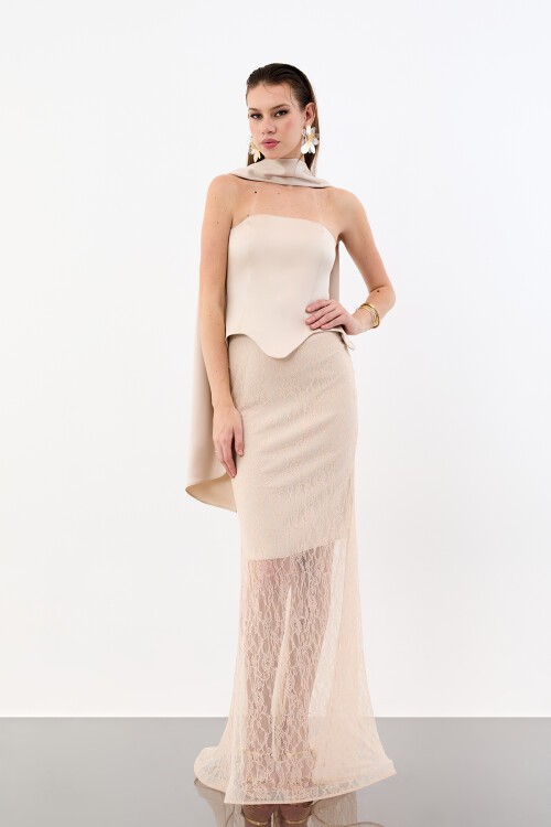 Dantel Etek Detaylı Straplez Uzun Abiye - 2032