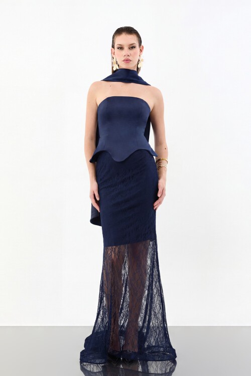 Dantel Etek Detaylı Straplez Uzun Abiye - 2032