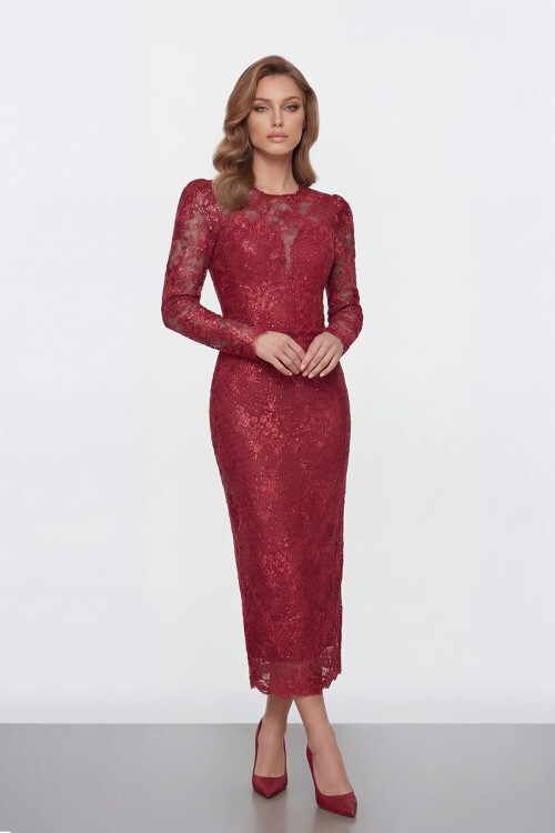 Dantel İşlemeli Uzun Kollu Abiye - 2012