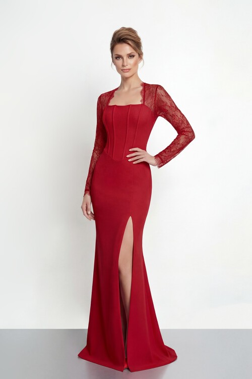 Dantel Kollu Korse Detaylı Yırtmaçlı Abiye - 2062