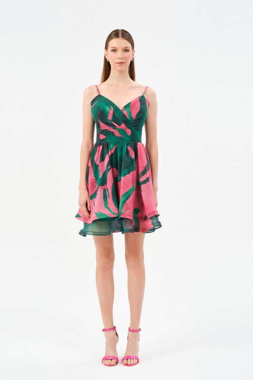 Desenli Volanlı Mini Elbise - 1521