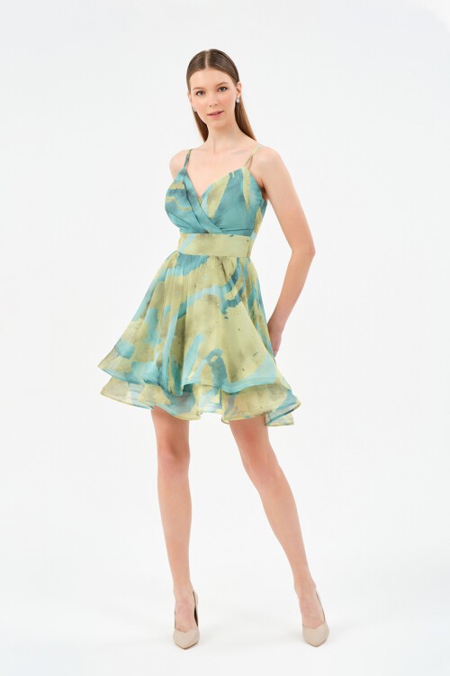 Desenli Volanlı Mini Elbise - 1521