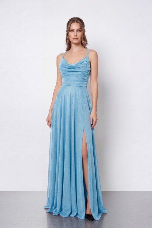 Dökümlü Yaka ve Yırtmaç Detaylı Işıltılı Uzun Abiye - 2042