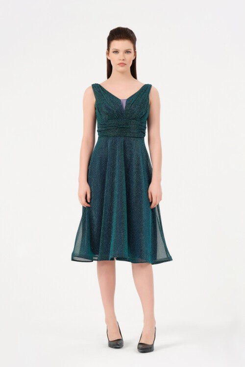 Drape Detaylı Simli Midi Elbise - 1602