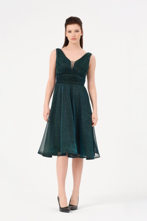 Drape Detaylı Simli Midi Elbise - 1602