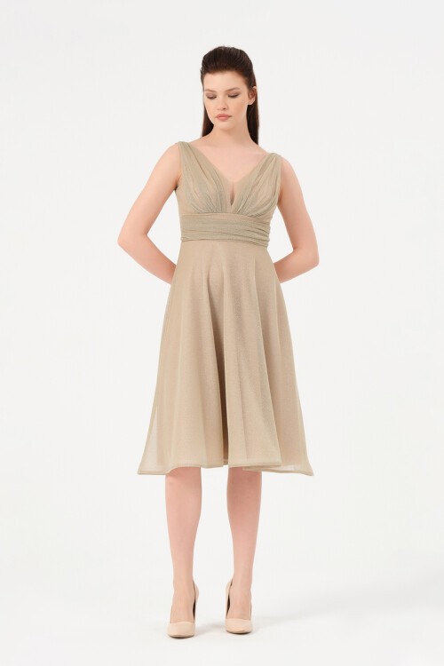 Drape Detaylı Simli Midi Elbise - 1602