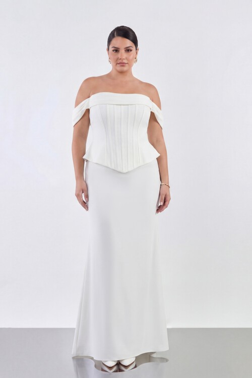 Drapeli Korsaj Formlu Omuz Açık Uzun Abiye - 2104