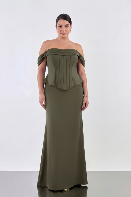 Drapeli Korsaj Formlu Omuz Açık Uzun Abiye - 2104