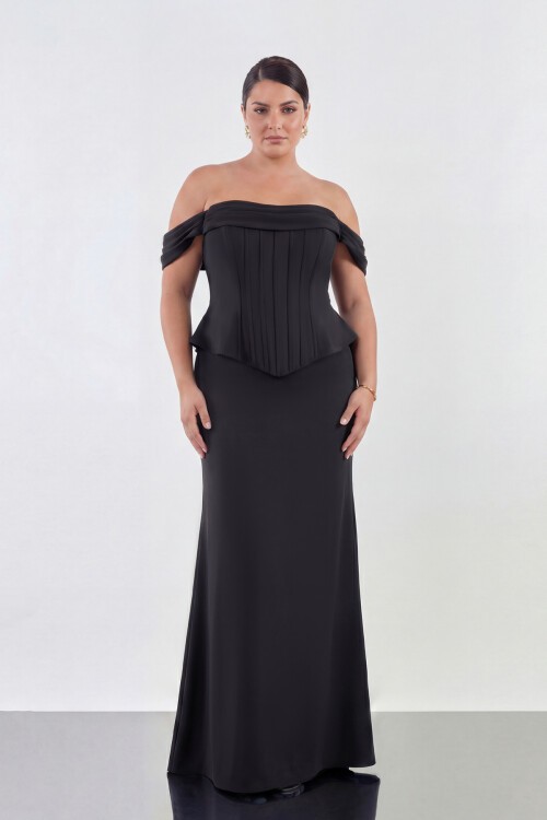 Drapeli Korsaj Formlu Omuz Açık Uzun Abiye - 2104