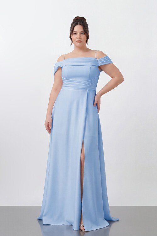 Drapeli Omuz Açık Yırtmaçlı Uzun Abiye - 1496