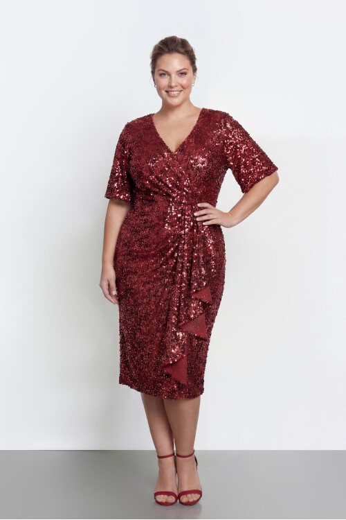 Drapeli V Yaka Büyük Beden Payetli Midi Abiye - 2131