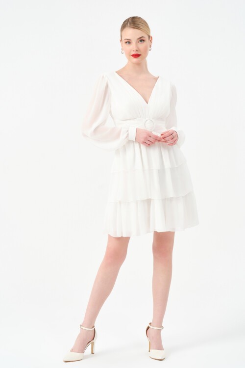 Drapeli Volanlı Mini Elbise - 1298