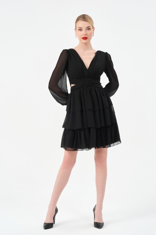 Drapeli Volanlı Mini Elbise - 1298