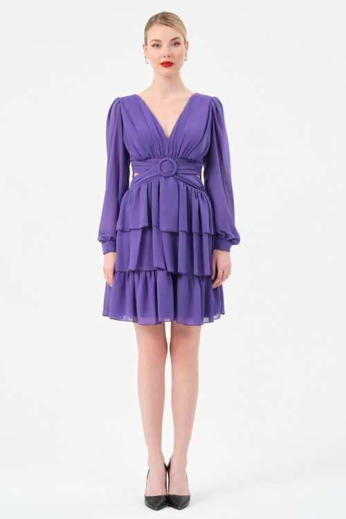 Drapeli Volanlı Mini Elbise - 1298