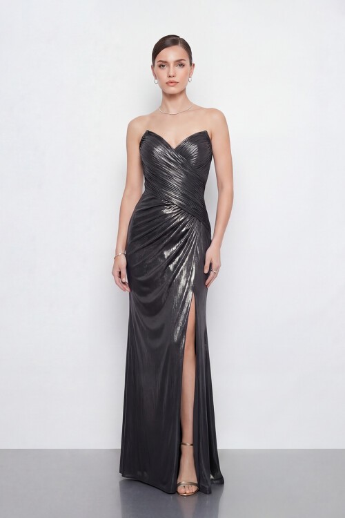 Drapeli Yırtmaçlı Straplez Abiye - 2102