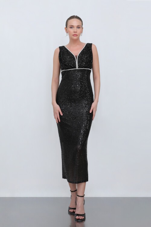 Göğüs Detaylı Payetli Midi Elbise - 1706